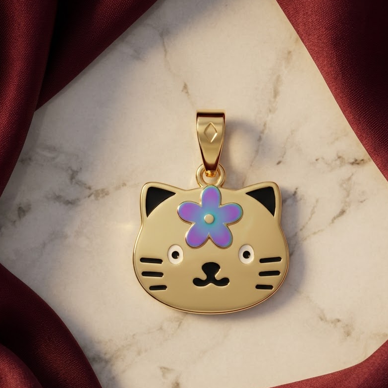 Gold cat-face pendant with a purple enamel flower and black whisker details. Cute gifts for kids under Rs. 50,000