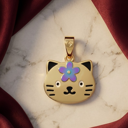 Gold cat-face pendant with a purple enamel flower and black whisker details. Cute gifts for kids under Rs. 50,000