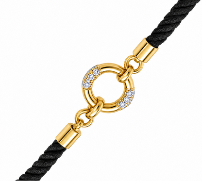 Black rope men's diamond bracelet with an 18kt gold circle charm accented by sparkling diamonds Perfect gift for him under Rs. 20,000
