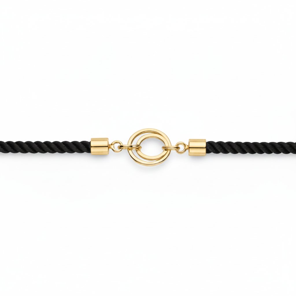 Black rope men's gold bracelet featuring an 18kt gold circle ring charm motif. An affordable gold gift for him under Rs. 15,000