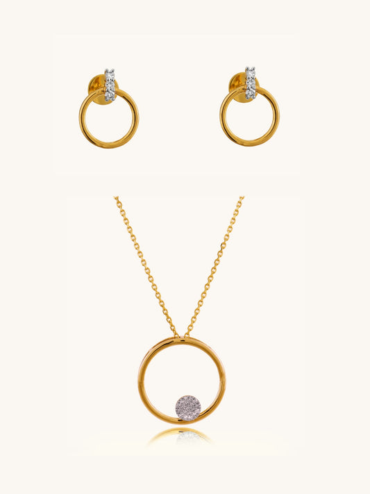 18kt Gold Jewelry Set with Delicate Circlet Diamond Earrings & Matching Circle Diamond Pendant. Everyday elegance, affordable luxury, perfect for workwear or a gift. Under ₹50,000.