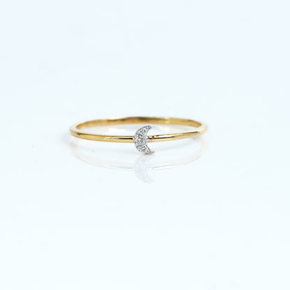 Caratly 18kt gold Moon Diamond Ring with 0.03ct pave diamond crescent moon motif on a thin band under Rs. 15,000