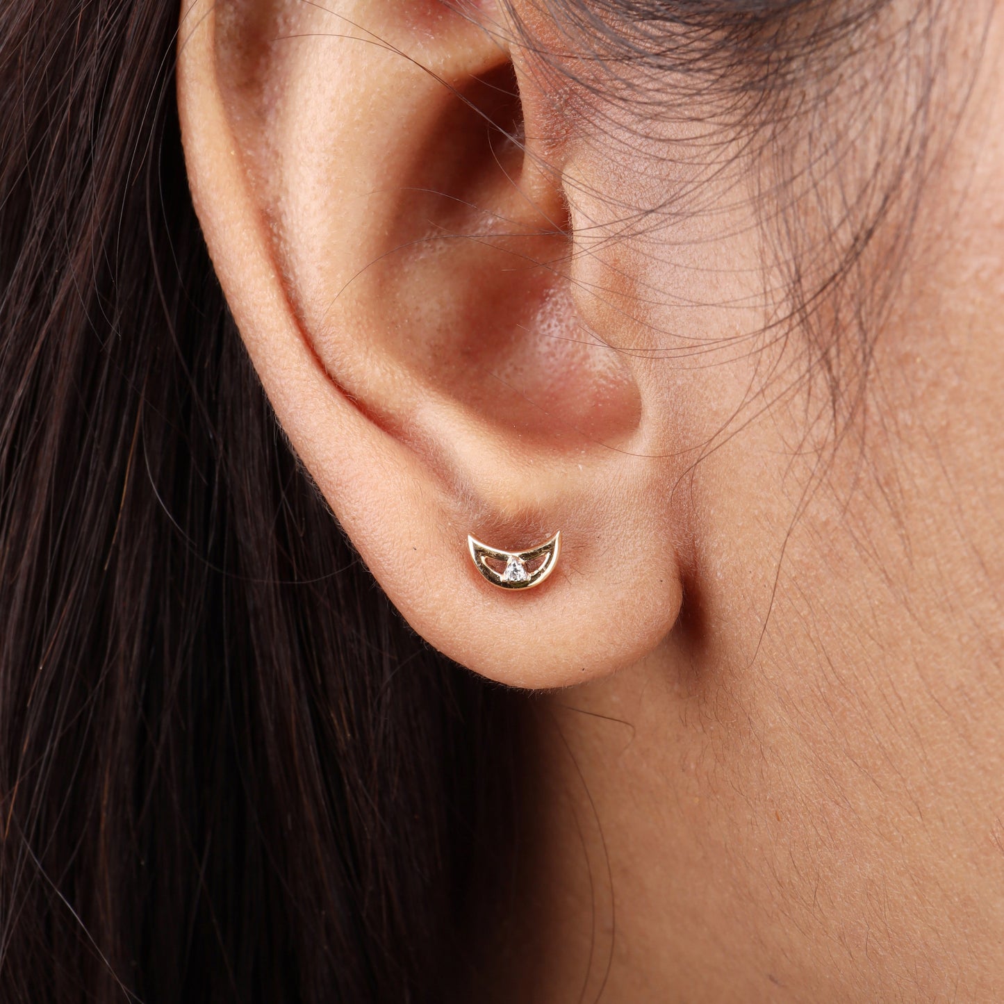 Caratly 18kt gold Moon Diamond Earring featuring a smooth crescent moon shape and a single tiny diamond accent under Rs. 20,000
