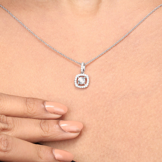 Caratly 18kt gold Pressure Diamond Pendant featuring a 0.19ct diamond cushion halo and a pressure-set illusion center attached to a delicate chain under Rs. 40,000