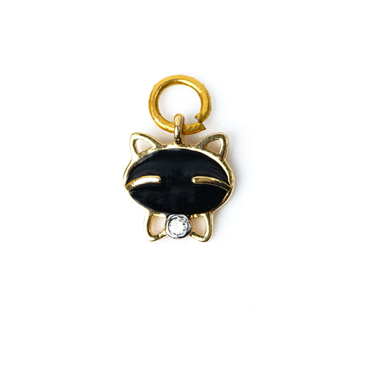 18kt gold Cat Diamond Charm with black enamel face and 0.02ct diamond accent, Minimal everyday wear gift for her under Rs. 15,000