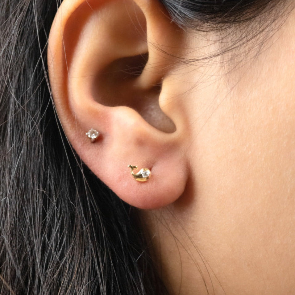 Caratly 18kt gold Gold Whale Earrings with 0.02ct diamond accent in a small aquatic whale stud design under Rs. 20,000