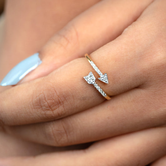 Caratly 18kt gold Heart Arrow Ring with 0.12ct diamond wrap around arrow design bypass style, gift for her under Rs. 40,000