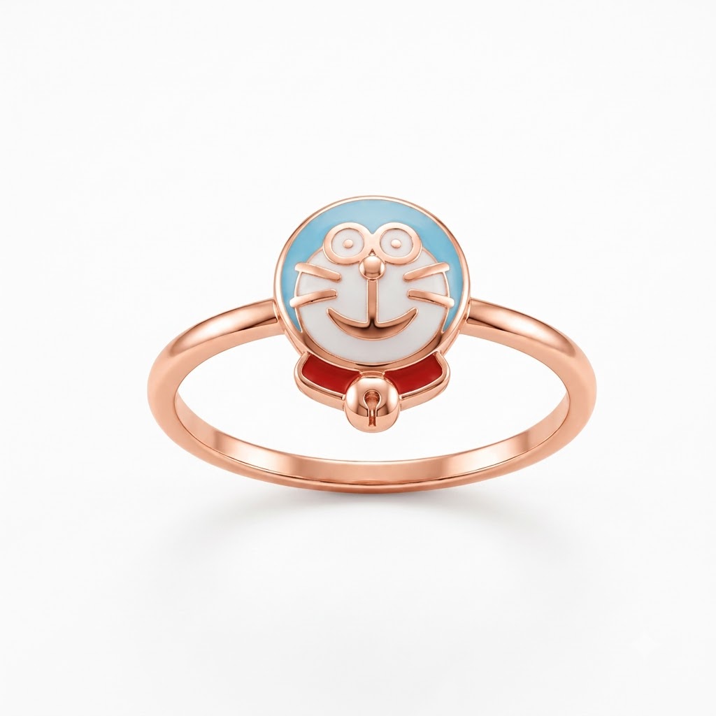 Rose gold ring with a round blue and white cartoon robot cat face charm named as Doraemon. Cute gifts for kids under Rs. 20,000
