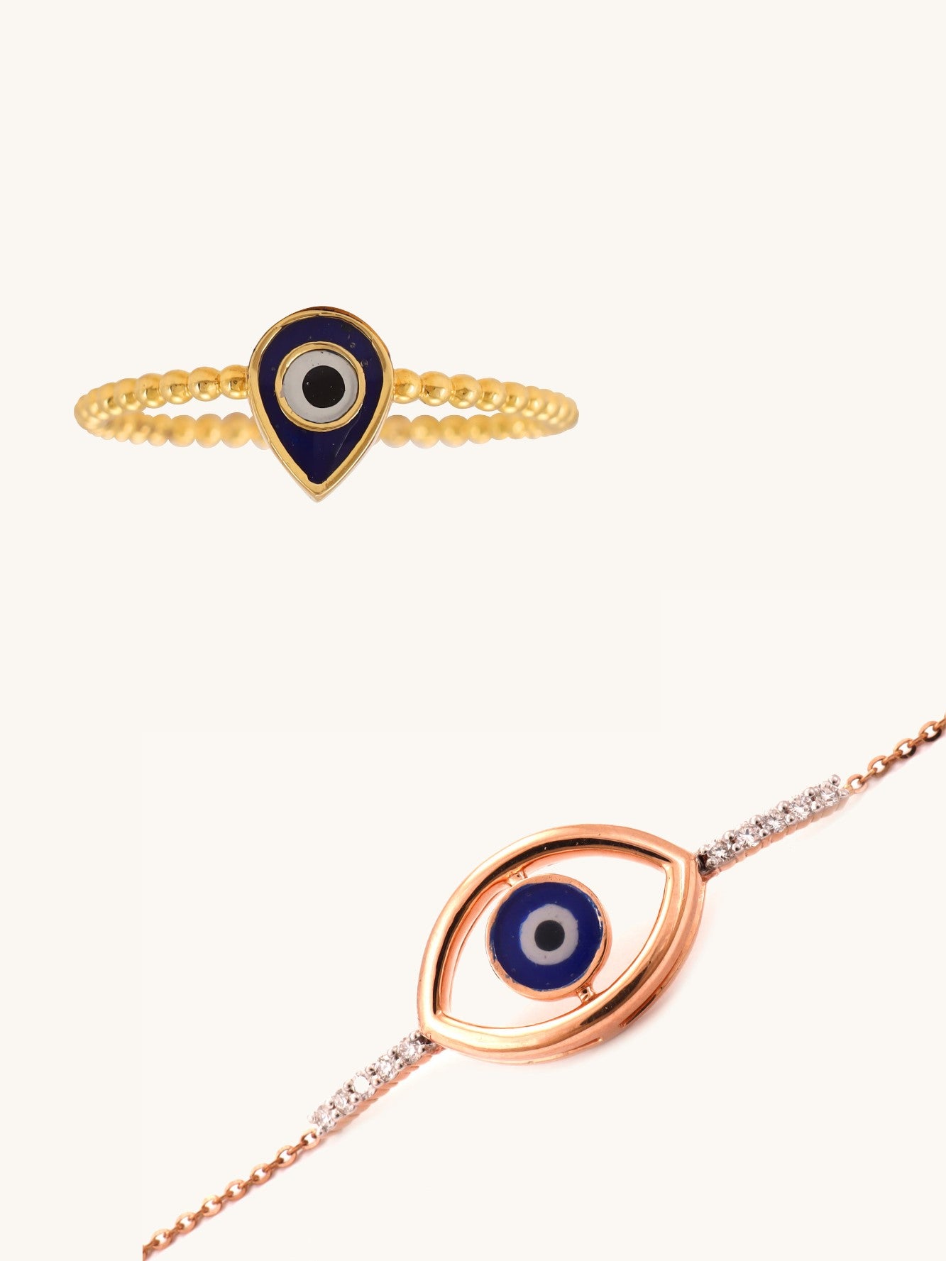 18kt Gold Evil Eye Jewelry Set with Delicate Ring & Matching Evil eye Diamond Bracelet. Luxury for everyday wear or a gift, Under ₹50,000.