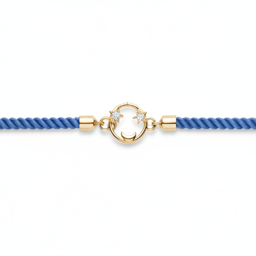 Blue rope men's diamond bracelet with an 18kt gold circular charm and diamond accents. Gold Gift for Him under Rs. 15,000