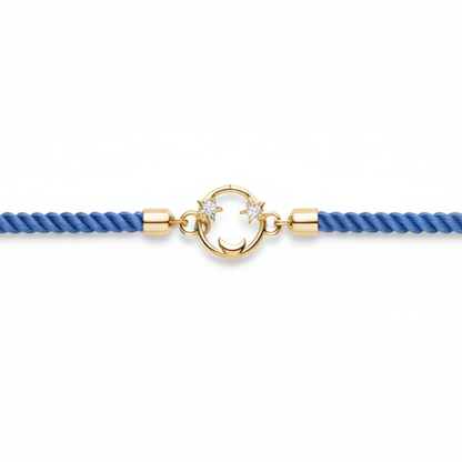 Blue rope men's diamond bracelet with an 18kt gold circular charm and diamond accents. Gold Gift for Him under Rs. 15,000