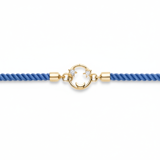 Blue rope men's diamond bracelet with an 18kt gold circular charm and diamond accents. Gold Gift for Him under Rs. 15,000