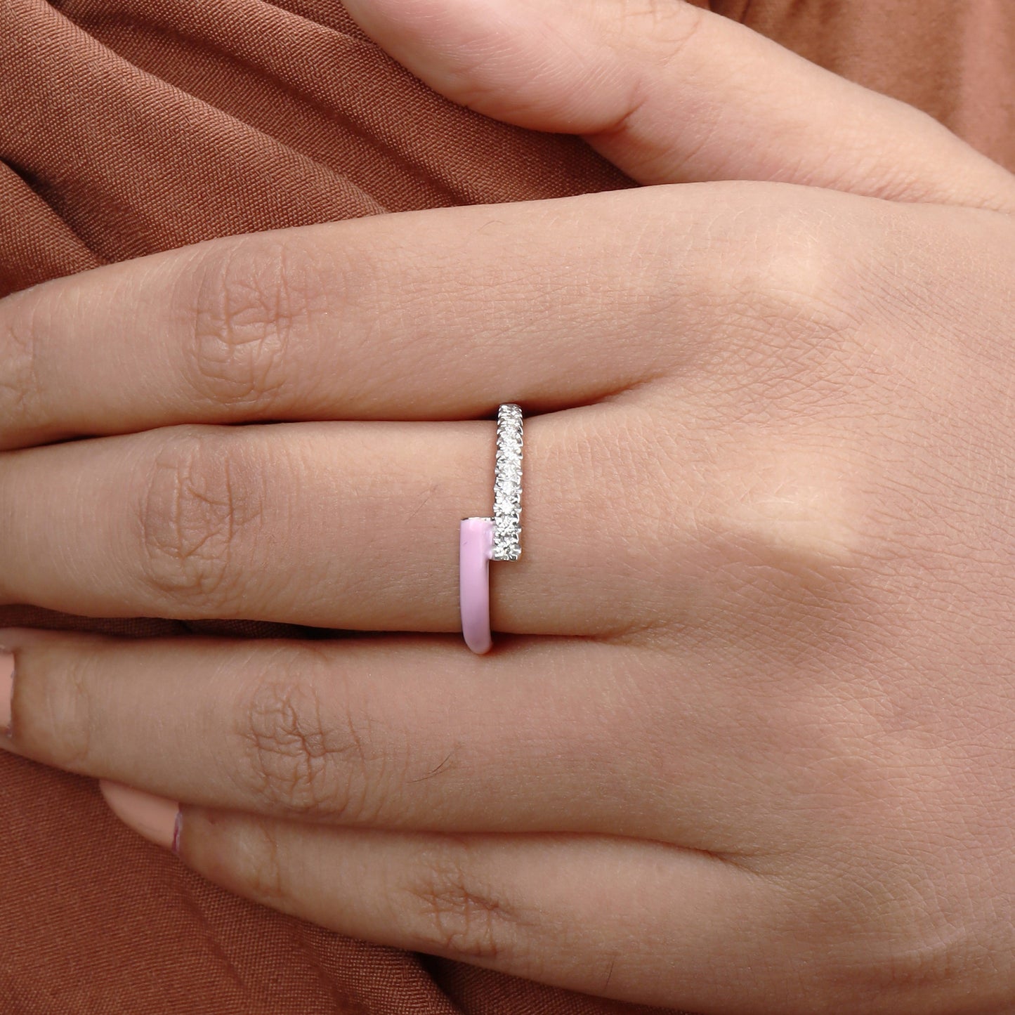 Caratly 18kt gold Pink Diamond Ring featuring an open bypass design with one side covered in pave diamonds and the other in pink enamel under Rs. 50,000