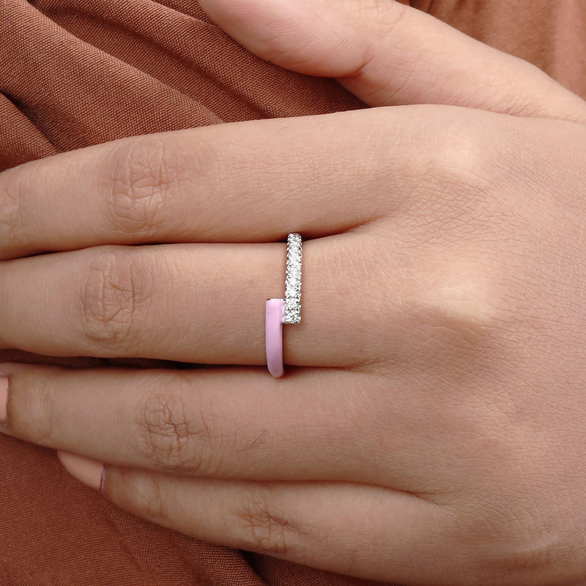Caratly 18kt gold Pink Diamond Ring featuring an open bypass design with one side covered in pave diamonds and the other in pink enamel under Rs. 50,000