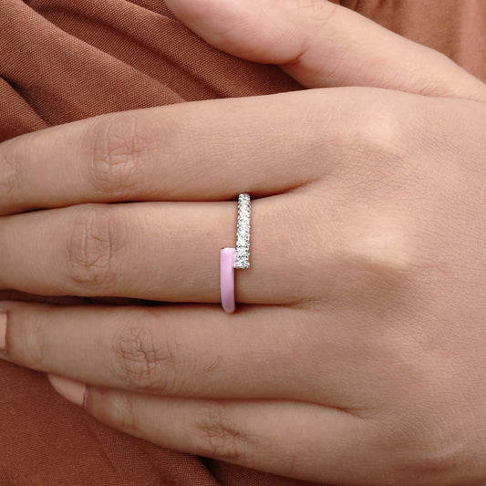 Caratly 18kt gold Pink Diamond Ring featuring an open bypass design with one side covered in pave diamonds and the other in pink enamel under Rs. 50,000