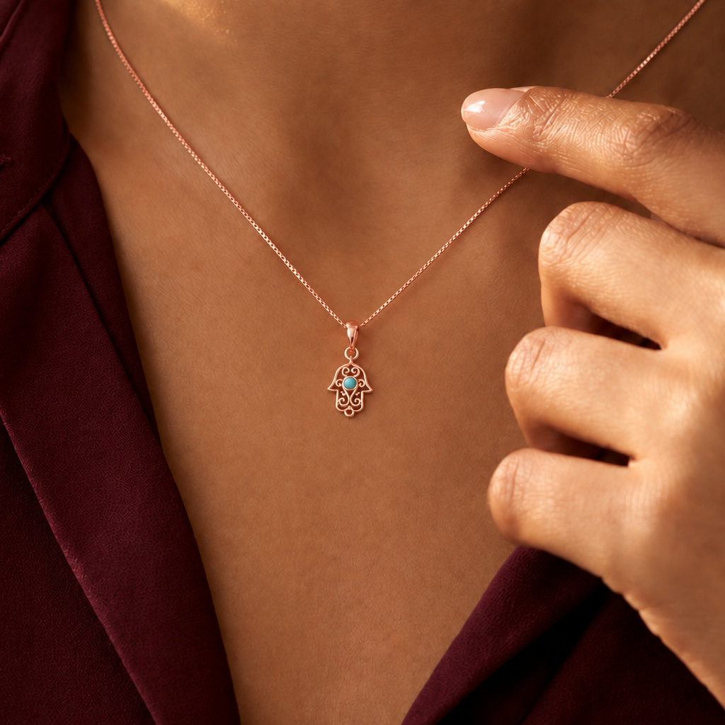 Gold hamsa hand pendant with white enamel detailing and a turquoise stone center. Perfect minimal gift for her under Rs. 15,000