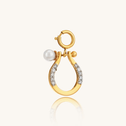 Caratly 18kt gold Horse shoe Pendant featuring a small lucky horseshoe motif with pave diamonds and a single pearl accent. Perfect gift for her under Rs. 20,000