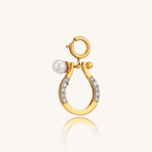 Caratly 18kt gold Horse shoe Pendant featuring a small lucky horseshoe motif with pave diamonds and a single pearl accent. Perfect gift for her under Rs. 20,000