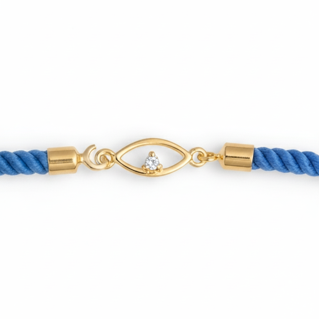Blue rope men's bracelet with an 18kt gold evil eye charm and diamond accent. Minimal gift for him under Rs. 15,000