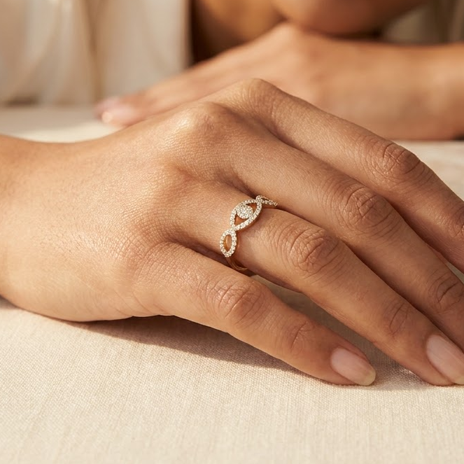 Rose gold infinity-style ring with a pave diamond evil eye motif. Luxe gifts for her under Rs. 50,000