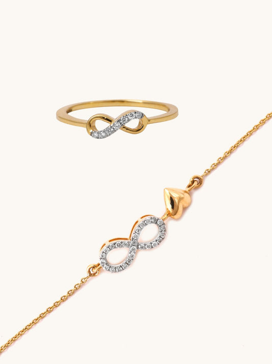 18kt Gold Infinity Jewelry Set with Delicate Diamond Ring & Matching Love Bracelet. Sophistication for everyday wear, perfect workwear or gift. Under ₹50,000.