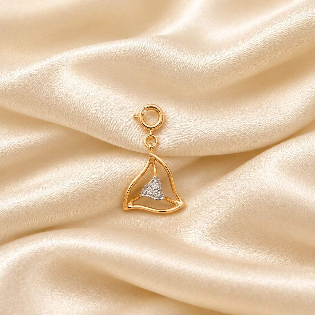 Gold swirled triangle pendant on a chain, set with sparkling diamond accents priced under Rs. 20,000