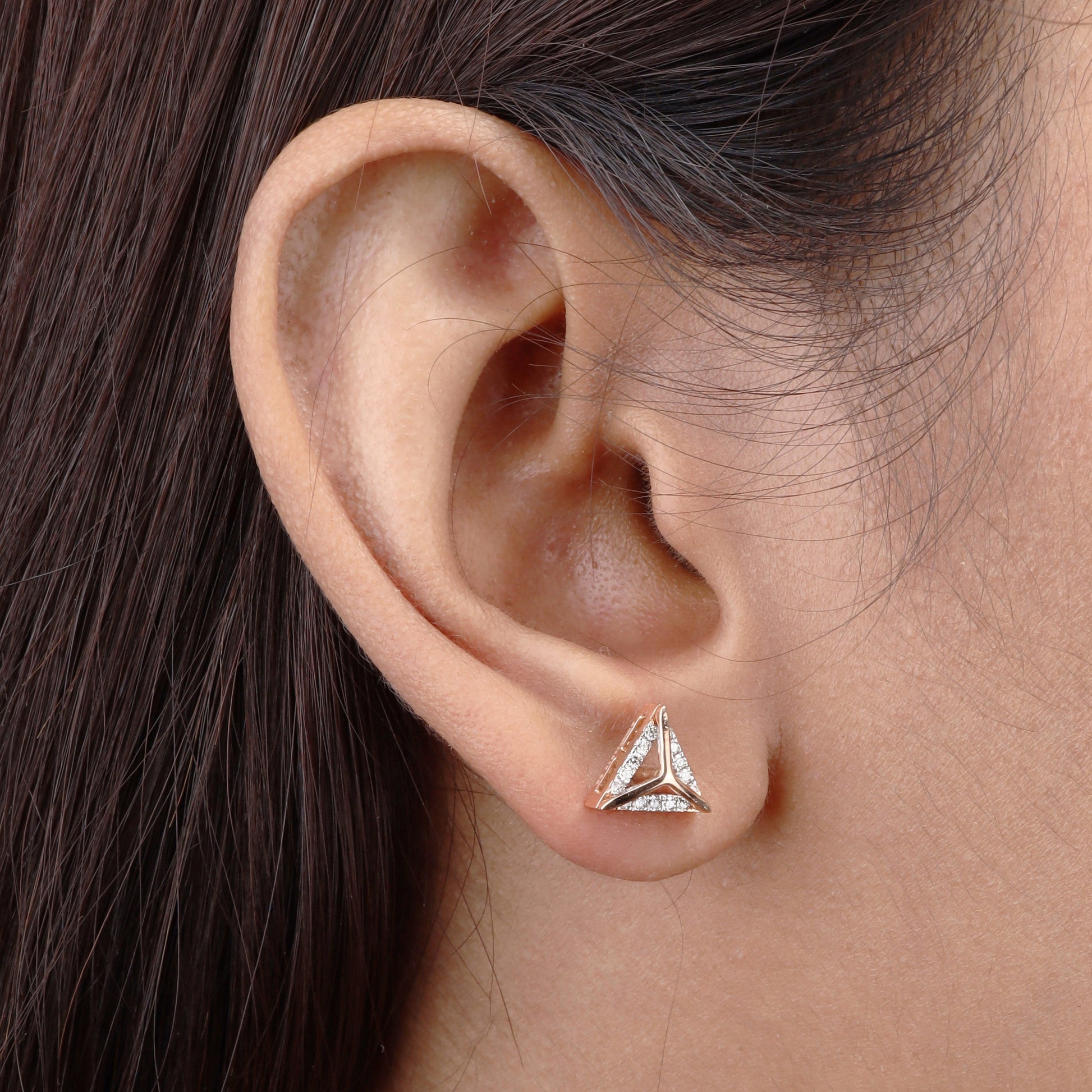 Caratly 18kt gold Triangle Diamond Earring featuring a 3D pyramid shape with polished gold centers and pave diamond borders under Rs. 50,000