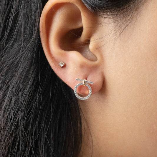 Caratly 18kt gold Glam Diamond Earring with 0.29ct pave diamonds in a geometric circle and bar drop design under Rs. 70,000