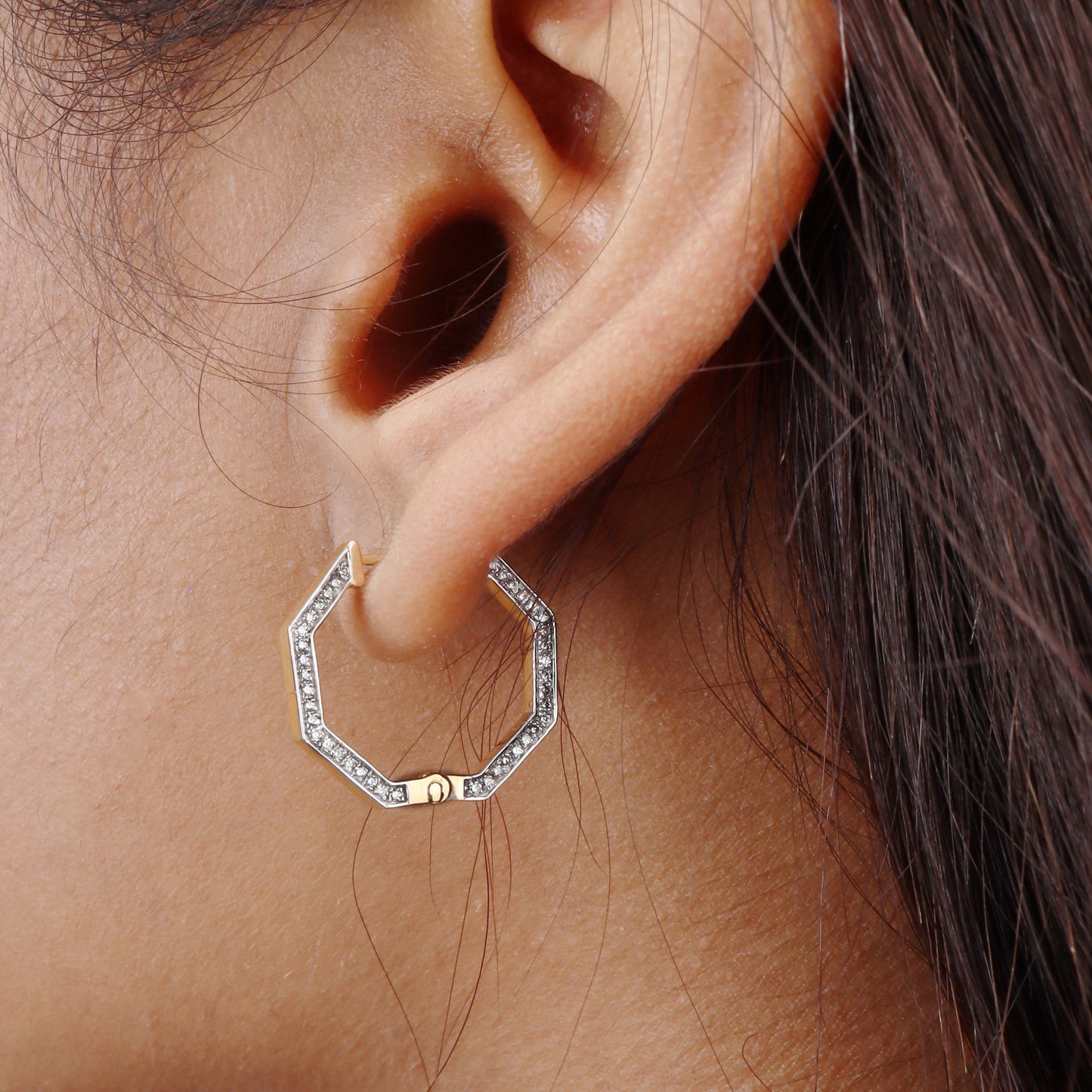 Caratly 18kt gold Hexagon Diamond Earring featuring an angular hexagonal hoop shape with diamonds set along the front-facing edge, under Rs. 80,000