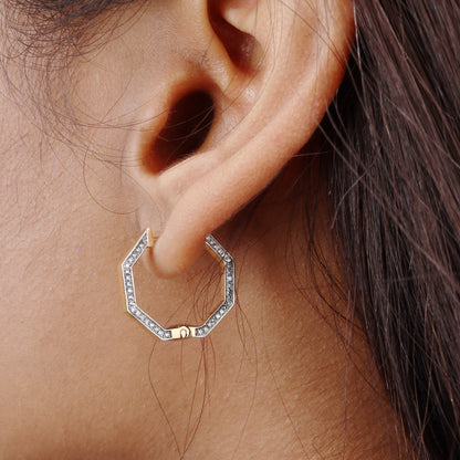Caratly 18kt gold Hexagon Diamond Earring featuring an angular hexagonal hoop shape with diamonds set along the front-facing edge, under Rs. 80,000