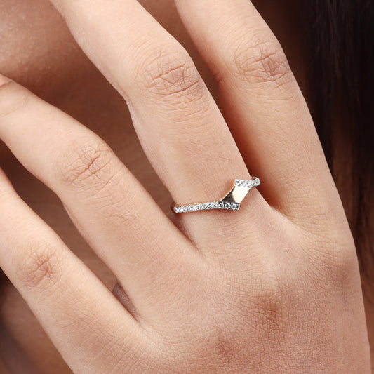 Caratly 18kt gold Dainty Diamond Ring with 0.15ct diamonds in an asymmetrical geometric chevron V-shape band design under Rs. 40,000