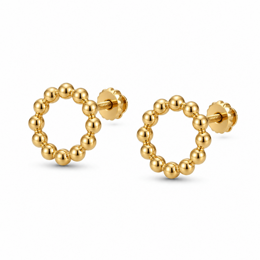 Gold stud earrings formed from a ring of small polished gold beads. Priced under Rs. 25,000