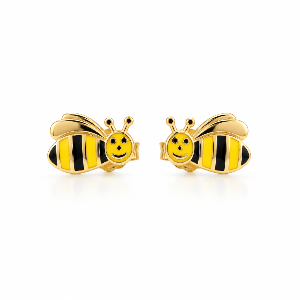 Gold stud earrings shaped like bees with yellow and black enamel stripes. Cute and minimal gold gifts for kids under Rs. 30,000