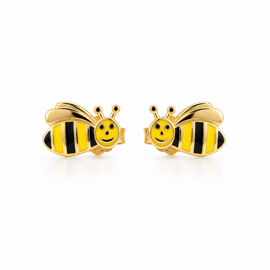 Gold stud earrings shaped like bees with yellow and black enamel stripes. Cute and minimal gold gifts for kids under Rs. 30,000