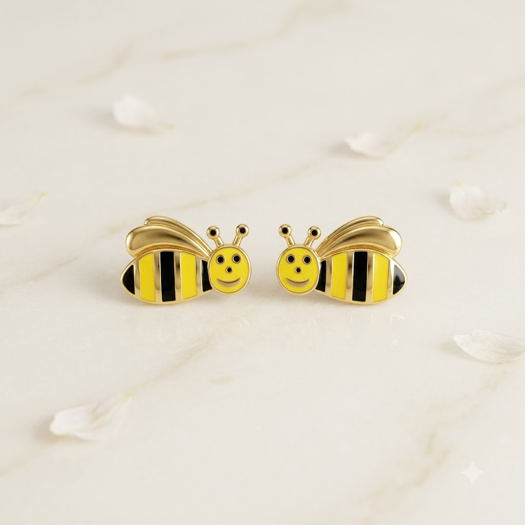 Gold stud earrings shaped like bees with yellow and black enamel stripes. Cute and minimal gold gifts for kids under Rs. 30,000