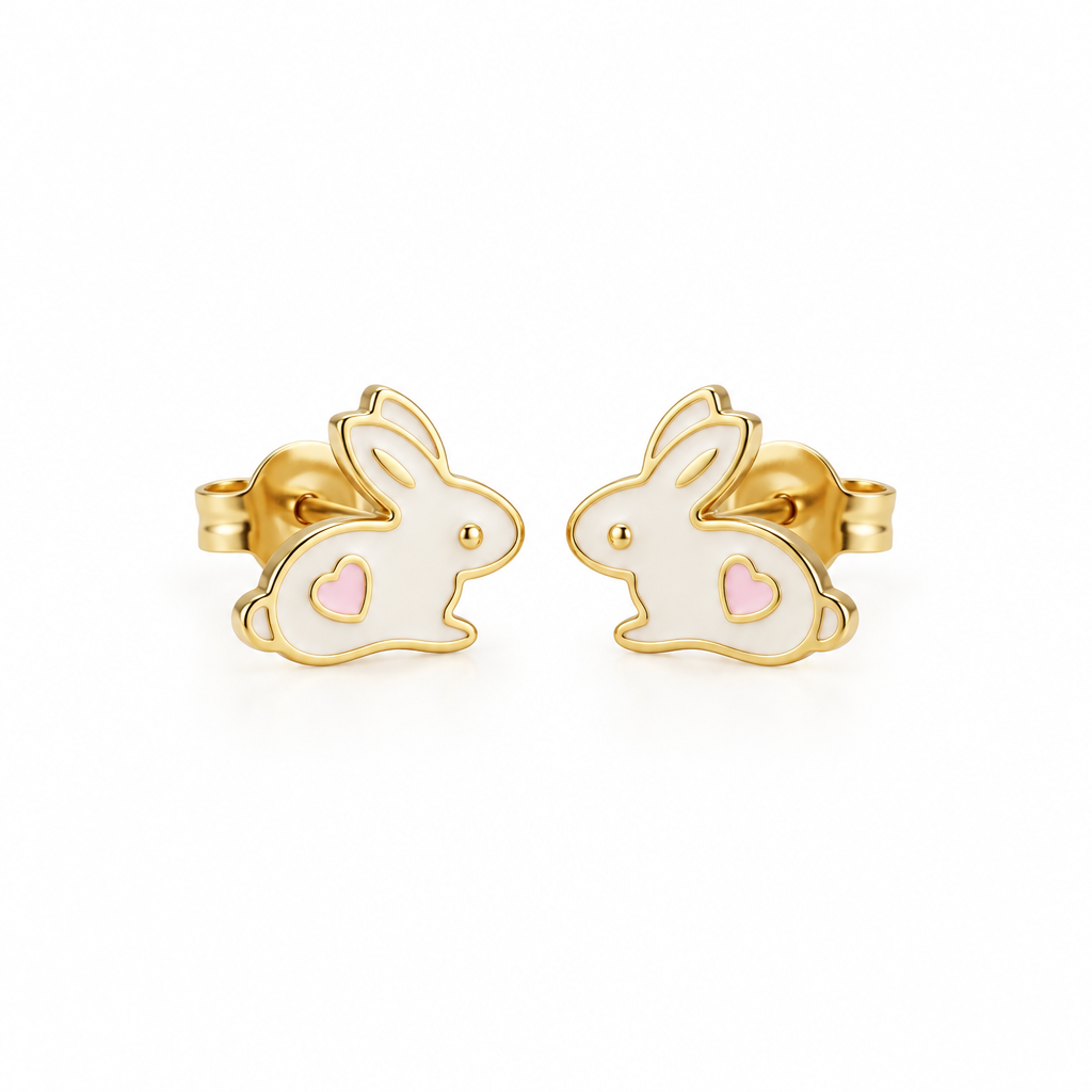 Gold bunny-shaped stud earrings with white enamel and a pink heart detail. A cute gold gift for kids under Rs. 20,000