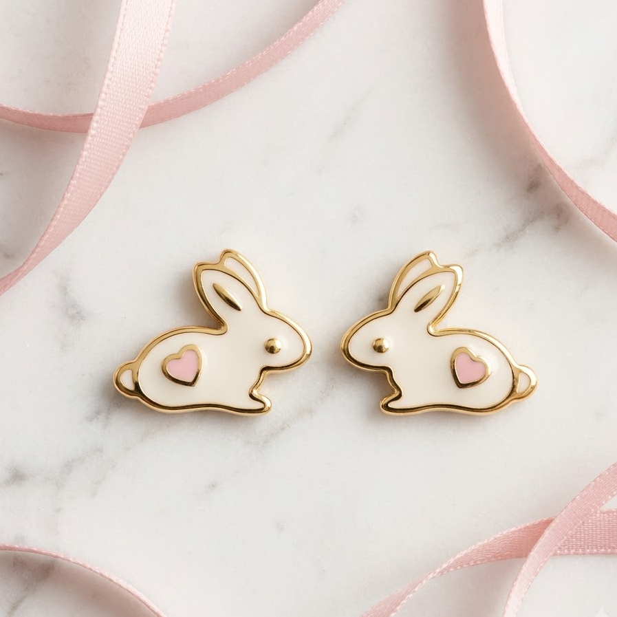 Gold bunny-shaped stud earrings with white enamel and a pink heart detail. A cute gold gift for kids under Rs. 20,000