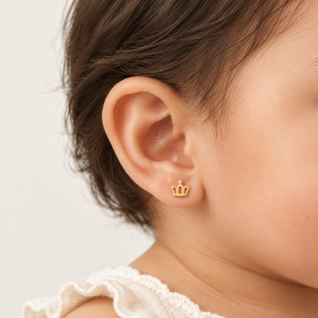 Polished gold crown-shaped stud earrings with an open cutout design. Perfect for gifting to kids under Rs. 20,000