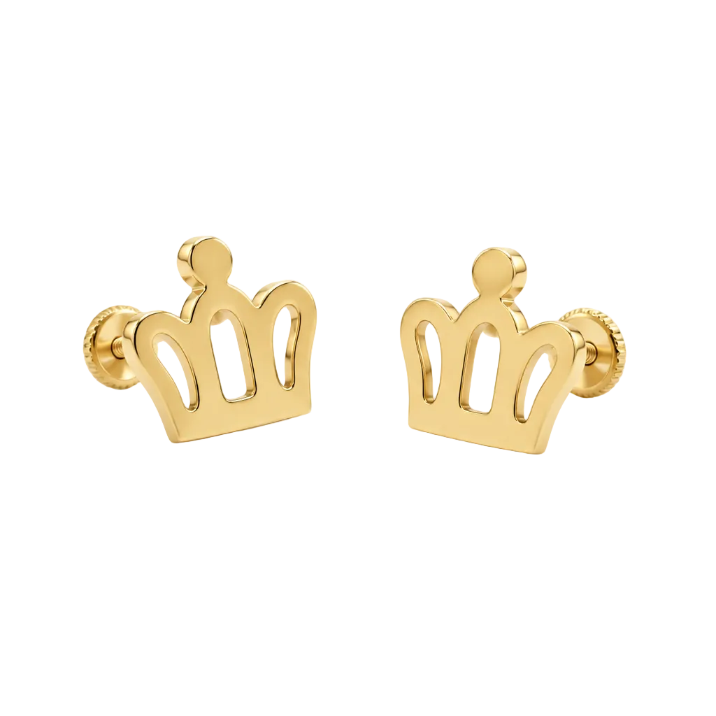 Polished gold crown-shaped stud earrings with an open cutout design. Perfect for gifting to kids under Rs. 20,000
