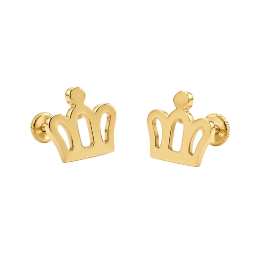 Polished gold crown-shaped stud earrings with an open cutout design. Perfect for gifting to kids under Rs. 20,000