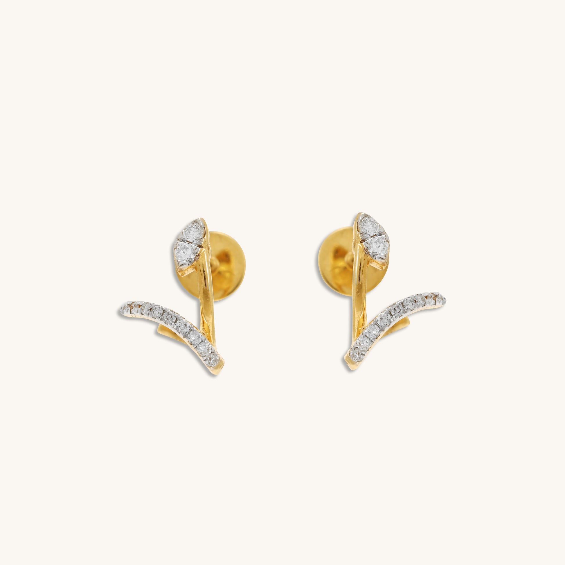 Caratly 18kt gold Stud Diamond Earring with 0.10ct diamond pave in a curved crossover bar stud design under Rs. 30,000