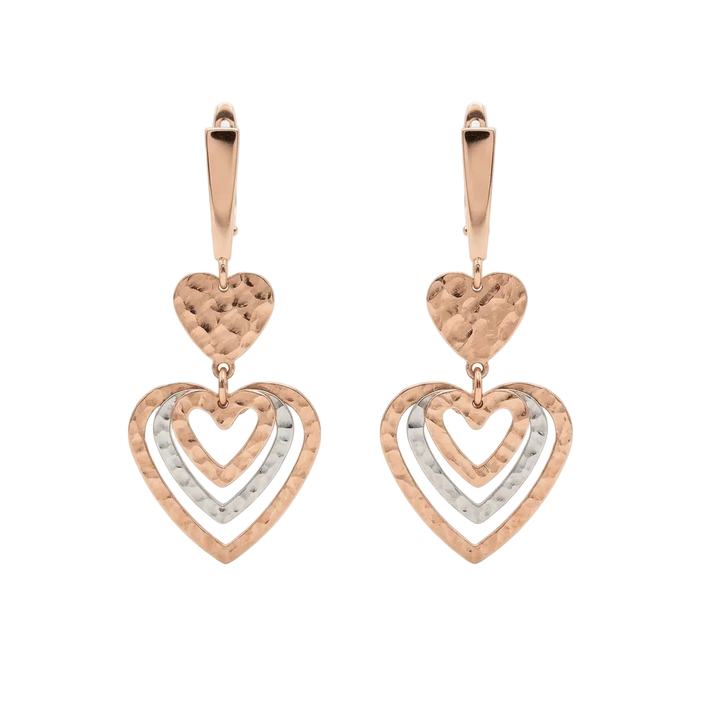 Rose-gold layered heart drop earrings with a textured top heart and pavé heart below. Luxe gold gifts for her under Rs. 80,000