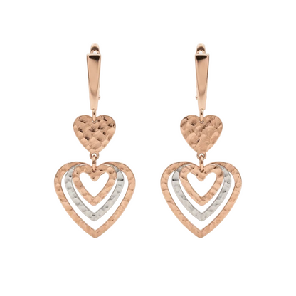 Rose-gold layered heart drop earrings with a textured top heart and pavé heart below. Luxe gold gifts for her under Rs. 80,000
