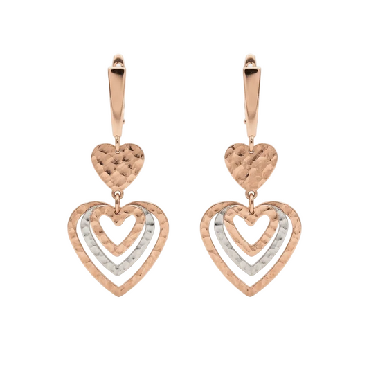 Rose-gold layered heart drop earrings with a textured top heart and pavé heart below. Luxe gold gifts for her under Rs. 80,000