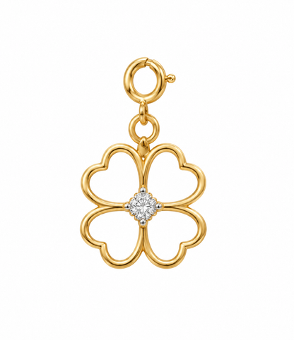 Gold four-petal clover pendant outlined in gold with a diamond-set centre. Minimal gifts for her under Rs. 15,000