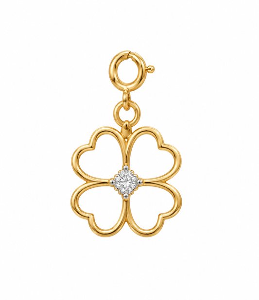 Gold four-petal clover pendant outlined in gold with a diamond-set centre. Minimal gifts for her under Rs. 15,000