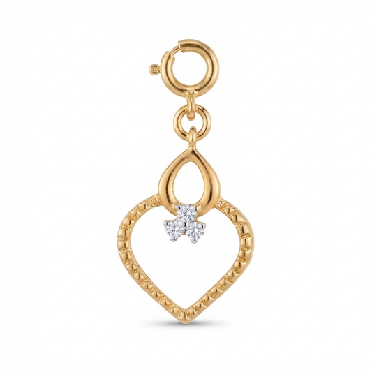Gold textured heart-shaped pendant with a teardrop top and a diamond cluster accent priced under Rs. 20,000
