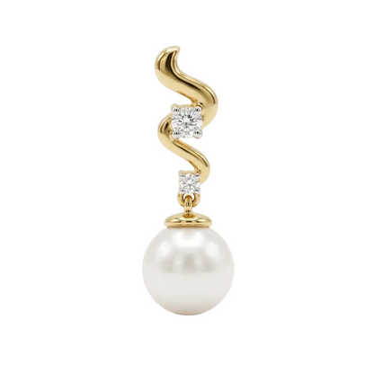 Gold swirled pendant set with two diamonds above a large lustrous pearl drop priced under Rs. 20,000