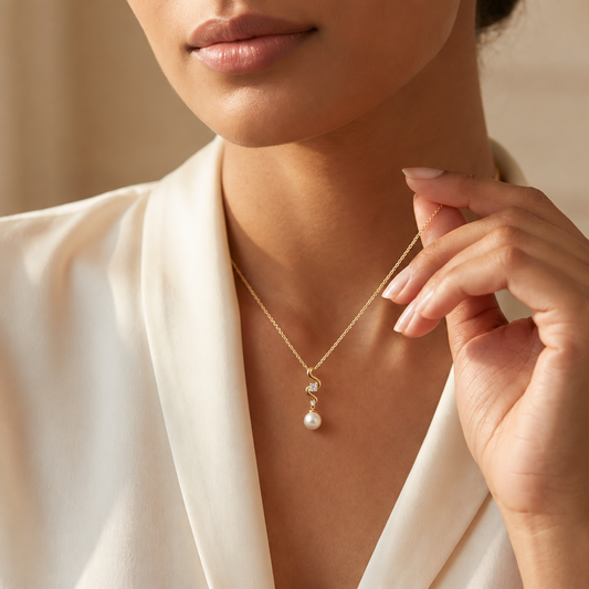 Gold swirled pendant set with two diamonds above a large lustrous pearl drop priced under Rs. 20,000