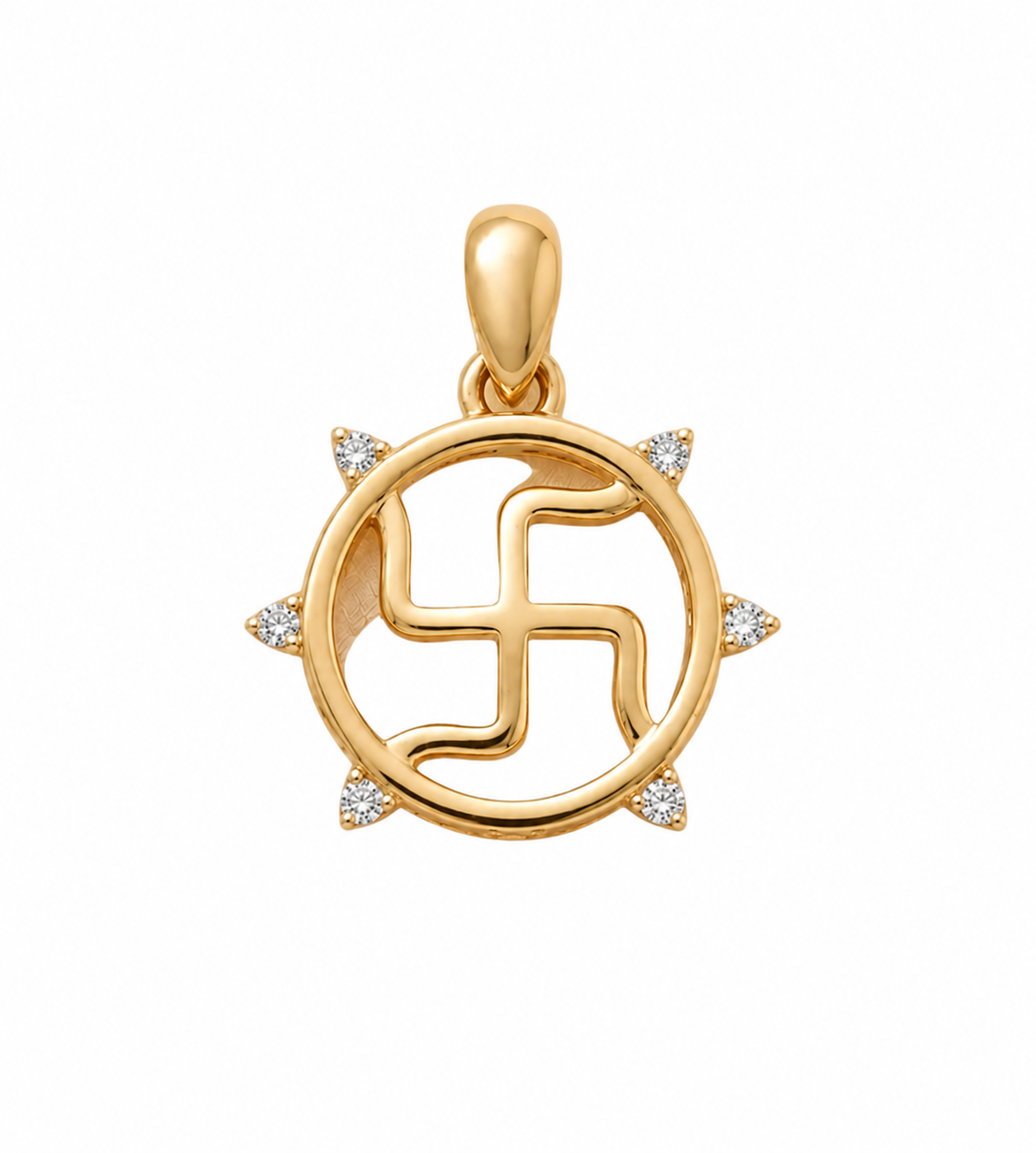 Gold swastik pendant in a circular frame set with sparkling diamond accents, minimal gifts starts at Rs. 15,000